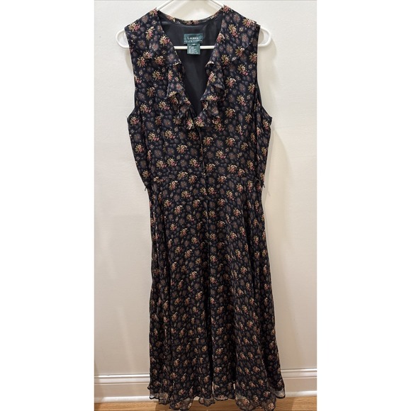 Ralph Lauren 100% Silk Long Floral Print FrontButton Down Sleeveless Dress Sz 14 - Picture 2 of 14